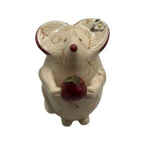 BLUE SKY Ceramic Mouse Parmesan Cheese Shaker Flowers holding an Apple